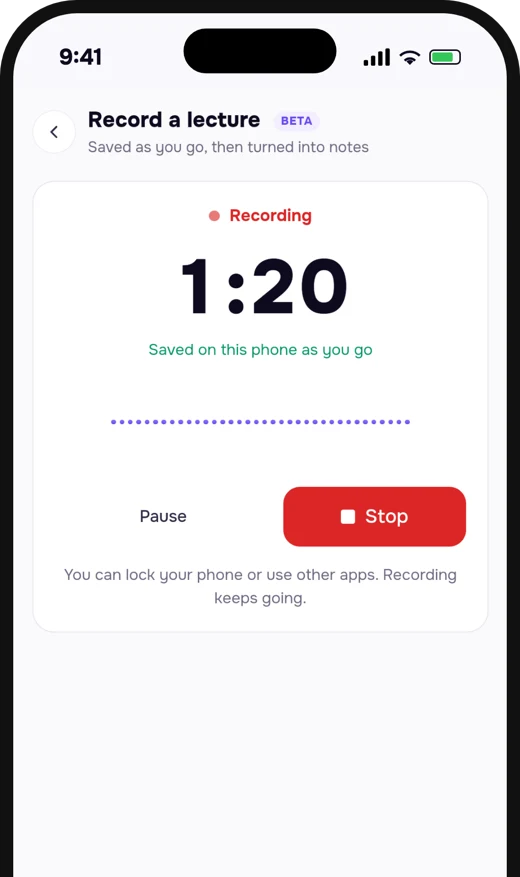 Nuros recording a lecture: timer, Saved on this phone as you go, Pause and Stop
