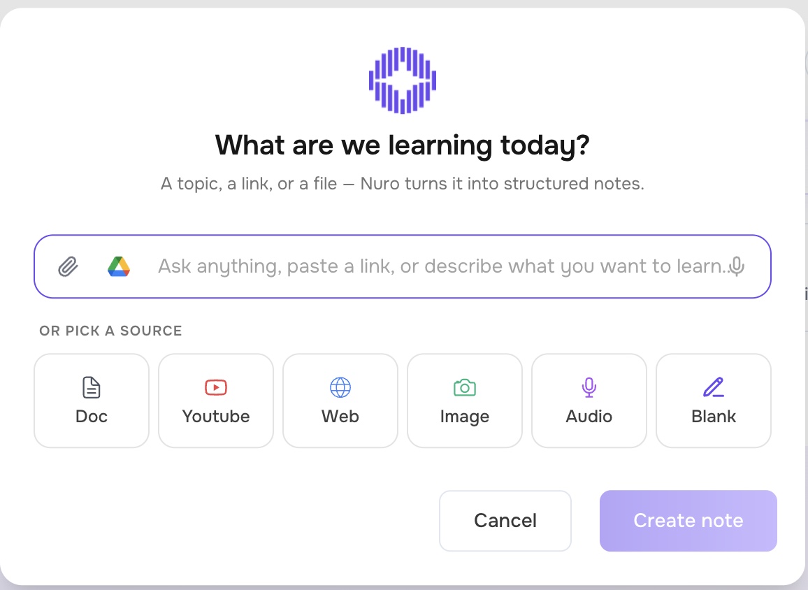 The Nuros new-note dialog asking "What are we learning today?", with Doc, YouTube, Web, Image, Audio and Blank sources