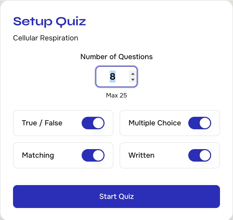 Quiz setup with the number of questions and true/false, multiple choice, matching and written question types